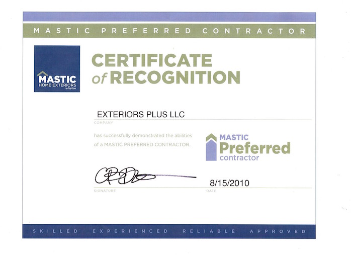 Mastic Home Exteriors Certificate of Recognition
